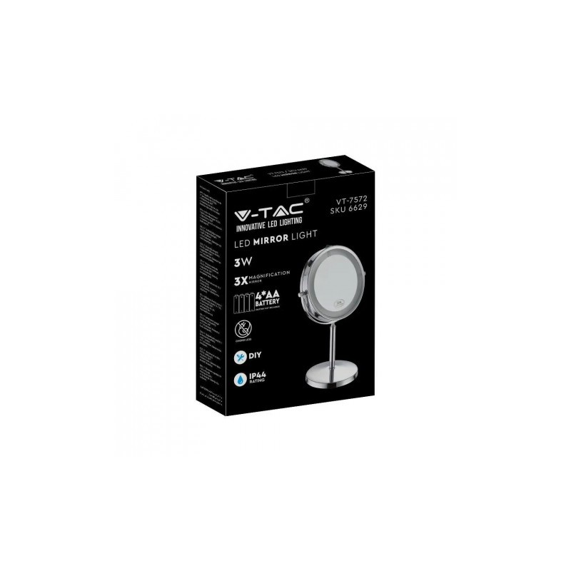 Lustro Przenośne V-TAC 3W LED Łazienka Makijaż 4xAAA fi.17CM Chrom VT-7572 6400K 30lm
