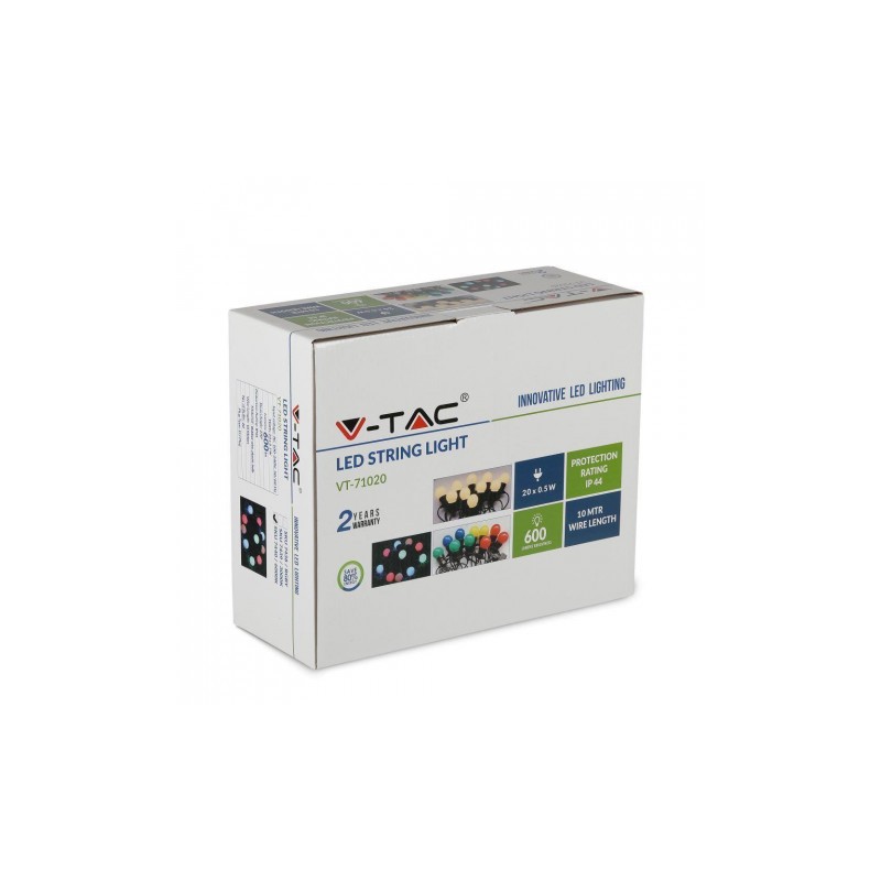 Girlanda Ogrodowa V-TAC (sznur) LED 10 metrów 20 żarówek 0,5W IP44 VT-70520 6000K 600lm