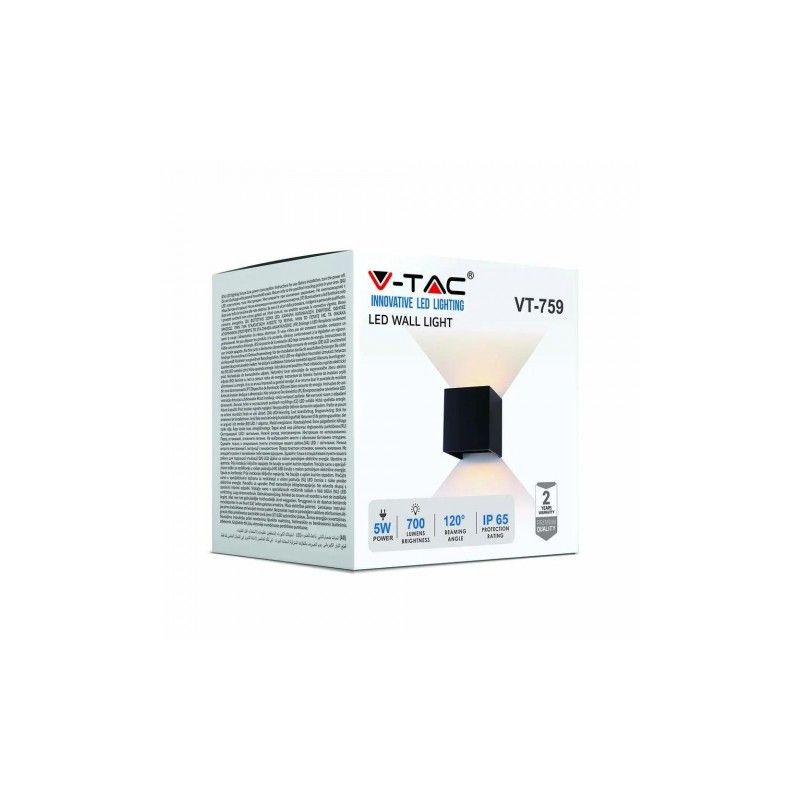 Oprawa Ścienna V-TAC 6W Kinkiet Góra/Dół Regulowany Czarny Kwadrat IP65 Bridgelux VT-759 3000K 660lm