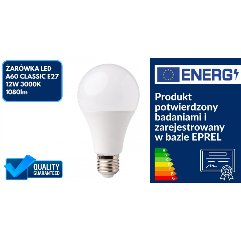 ŻARÓWKA LED A60 CLASSIC E27 12W 3000K 1080lm