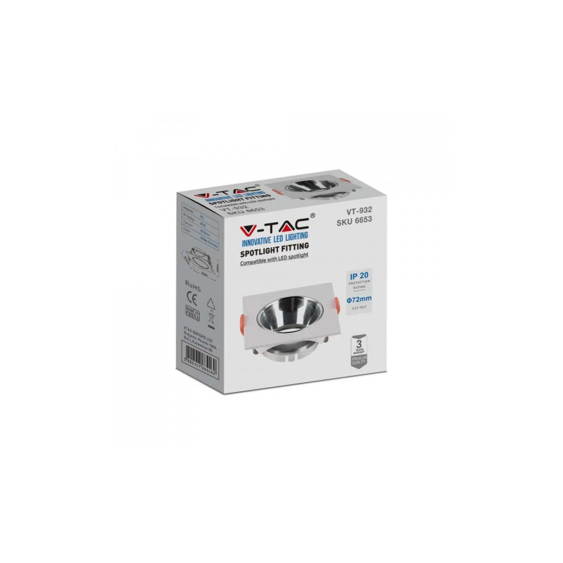 Oczko V-TAC GU10 Wpuszane Kwadrat Białe/Chrom VT-932 3 Lata Gwarancji