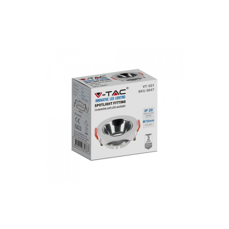 Oczko V-TAC GU10 Wpuszane Okrągłe Białe/Chrom VT-931 3 Lata Gwarancji