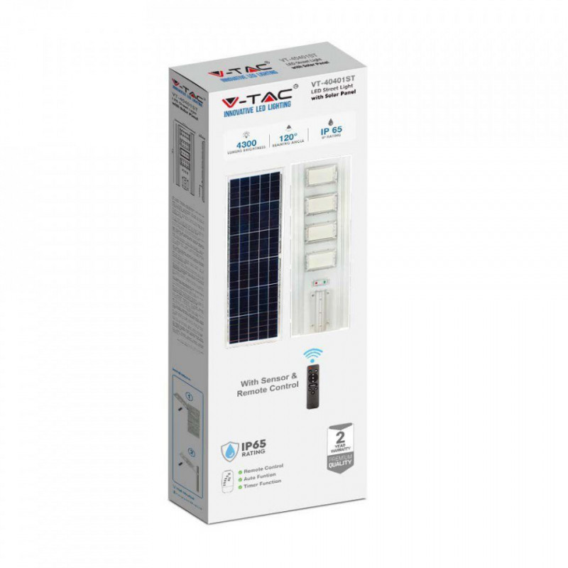 Oprawa Uliczna Solarna V-TAC 50W/400W Czujnik ruchu, Pilot VT-40401 6400K 4300lm