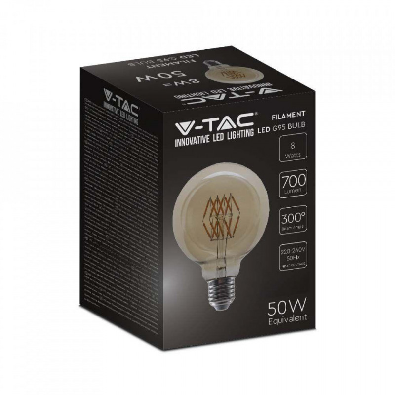 Żarówka LED V-TAC 8W Filament E27 G95 Bursztyn VT-2019 2200K 600lm