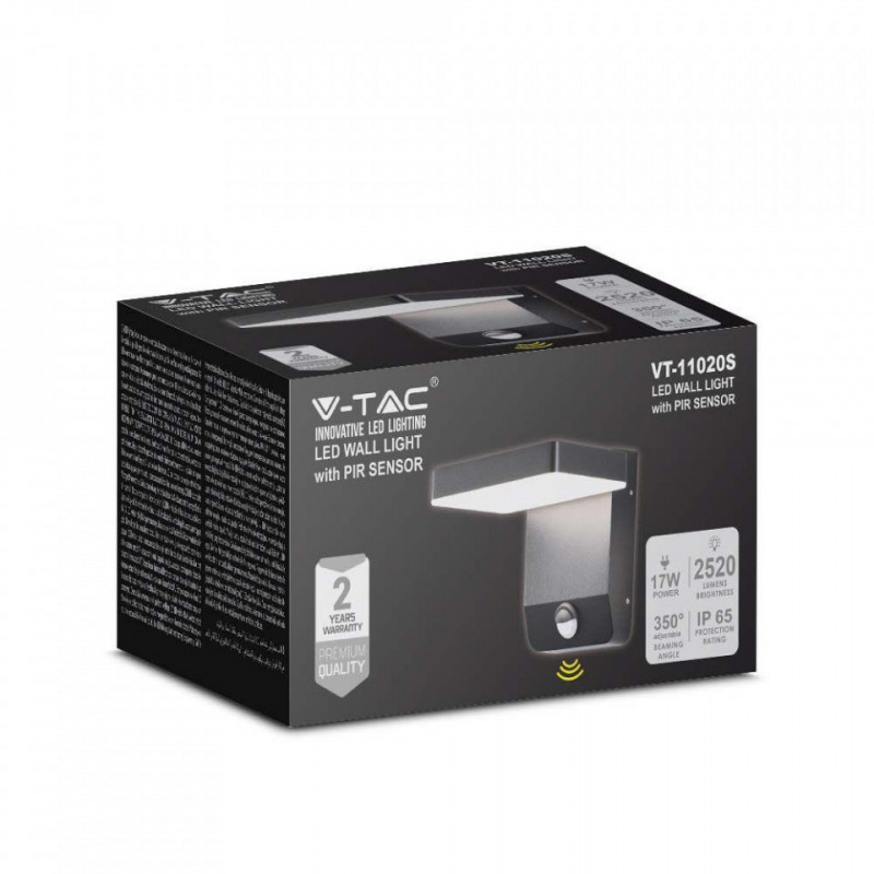 Oprawa Elewacyjna V-TAC 17W Czujnik Ruchu Czarna IP65 VT-11020S 4000K 2580lm