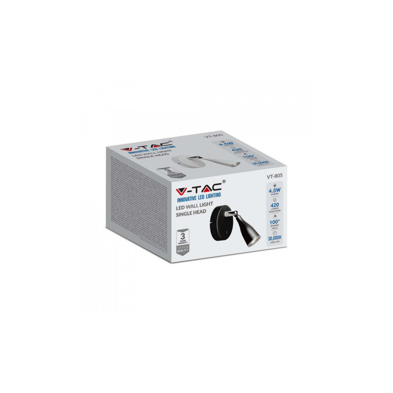 Kinkiet V-TAC 4,5W LED Czarny z włącznikiem VT-805 4000K 420lm 3 Lata Gwarancji