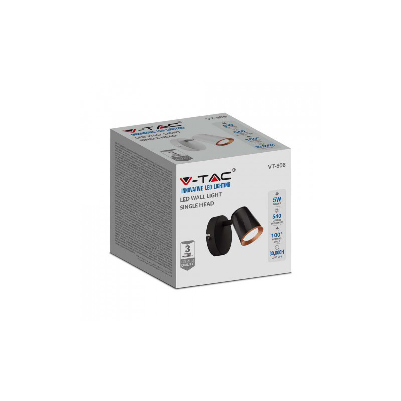 Kinkiet V-TAC 5W LED Czarny VT-806 3000K 540lm 3 Lata Gwarancji