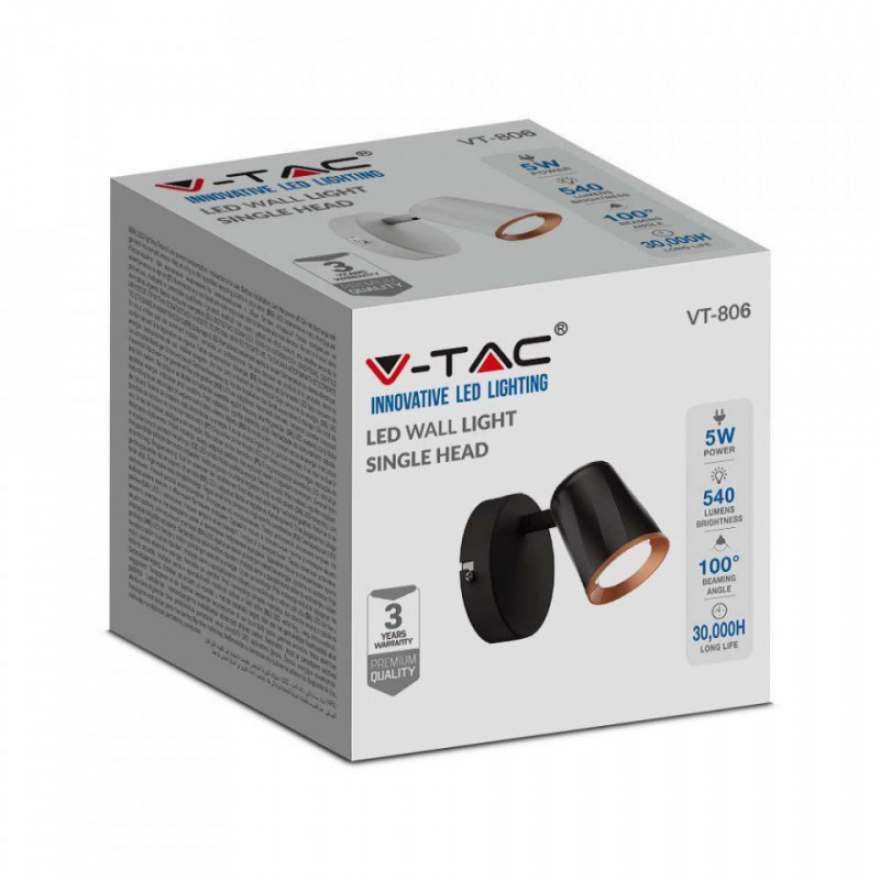 Kinkiet V-TAC 5W LED Czarny VT-806 3000K 540lm 3 Lata Gwarancji