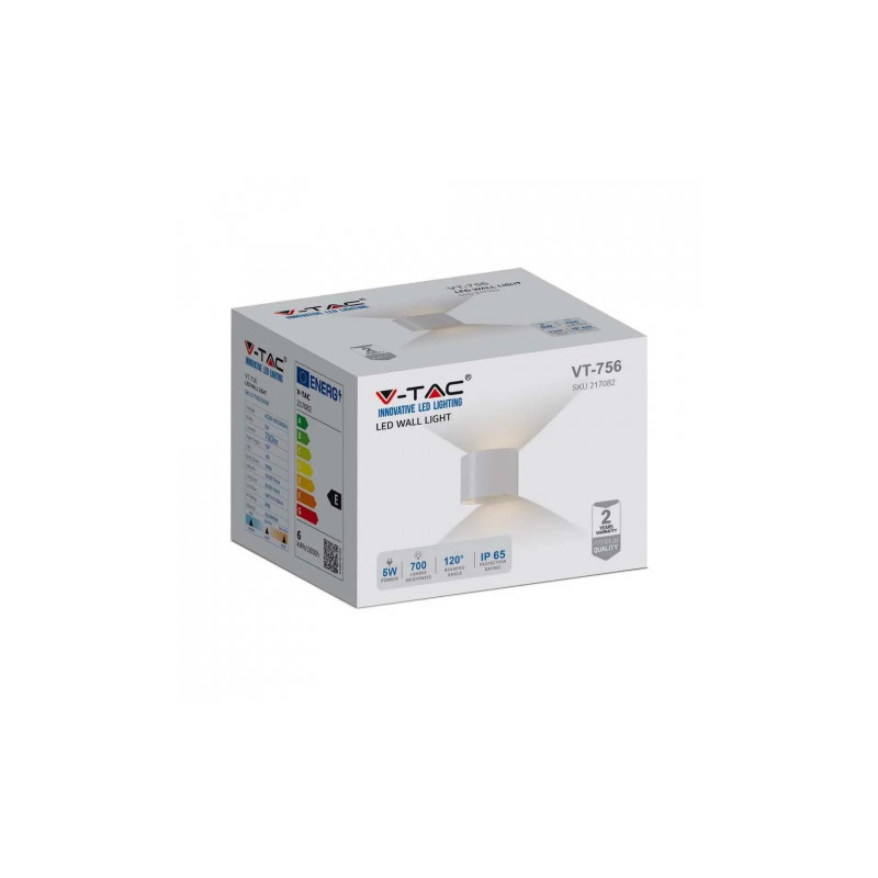 Oprawa Ścienna Kinkiet 6W V-TAC Góra/Dół Regulowany Biały Okrągły IP65 Bridgelux VT-756 3000K 700lm