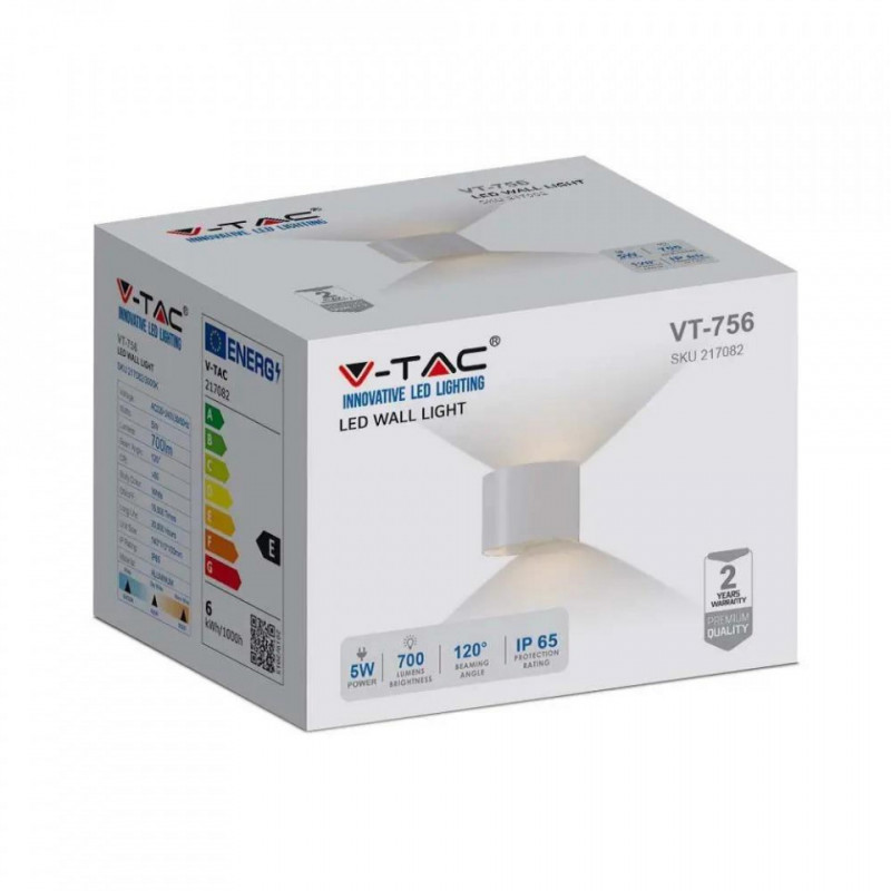 Oprawa Ścienna Kinkiet 6W V-TAC Góra/Dół Regulowany Biały Okrągły IP65 Bridgelux VT-756 3000K 700lm