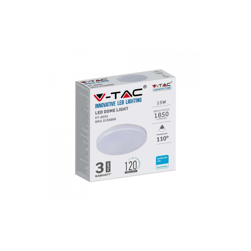 Plafon Natynkowy Okrągły V-TAC 15W LED SAMSUNG CHIP IP44 100Lm/W VT-8033 4000K 1850lm 3 Lata Gwarancji