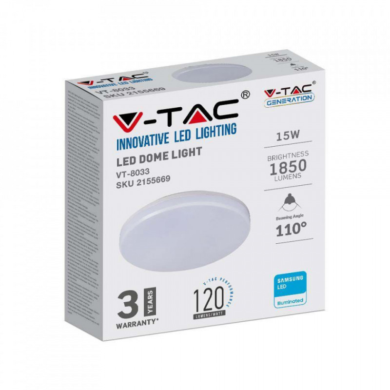Plafon Natynkowy Okrągły V-TAC 15W LED SAMSUNG CHIP IP44 100Lm/W VT-8033 4000K 1850lm 3 Lata Gwarancji