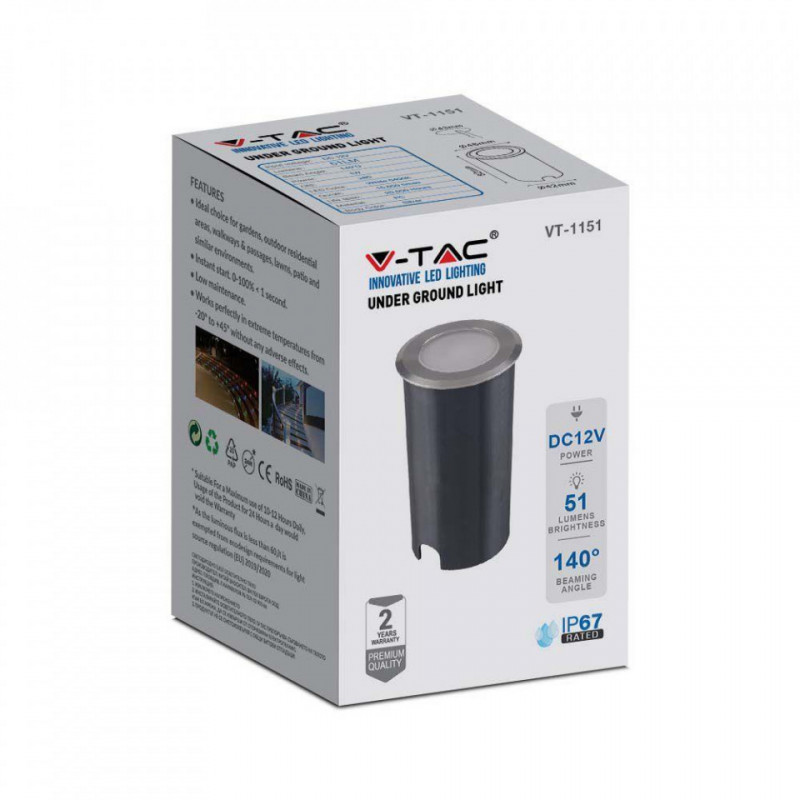 Oprawa Gruntowa Najazdowa Podłogowa V-TAC 1W LED Srebrna IP67 VT-1151 6500K 51lm