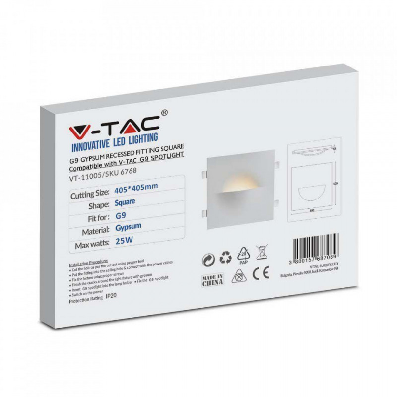 Oprawa Gipsowa V-TAC Kinkiet Ścienny G9 Biały 400x400 VT-11005 3 Lata Gwarancji