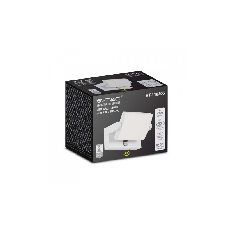Oprawa Elewacyjna Ścienna V-TAC 17W LED Czujnik Ruchu Biała IP65 VT-11020S 3000K 2520lm