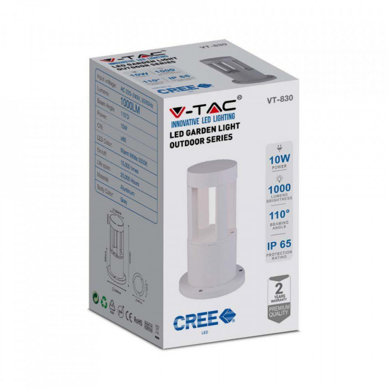Słupek Ogrodowy V-TAC 10W LED IP65 Biały 25cm VT-830 4000K 1000lm