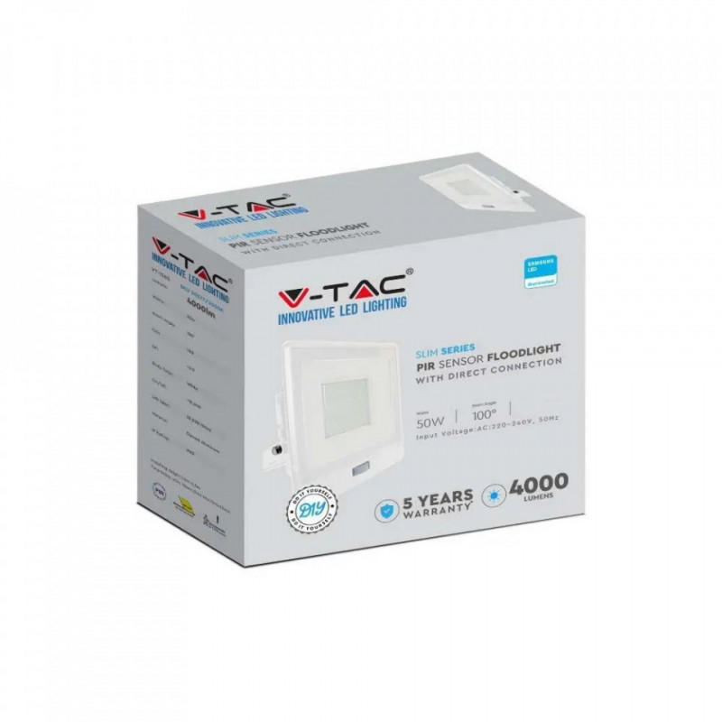 Projektor LED V-TAC 50W SAMSUNG CHIP Czujnik Ruchu Biały z Mufą VT-158S 4000K 4000lm 5 Lat Gwarancji