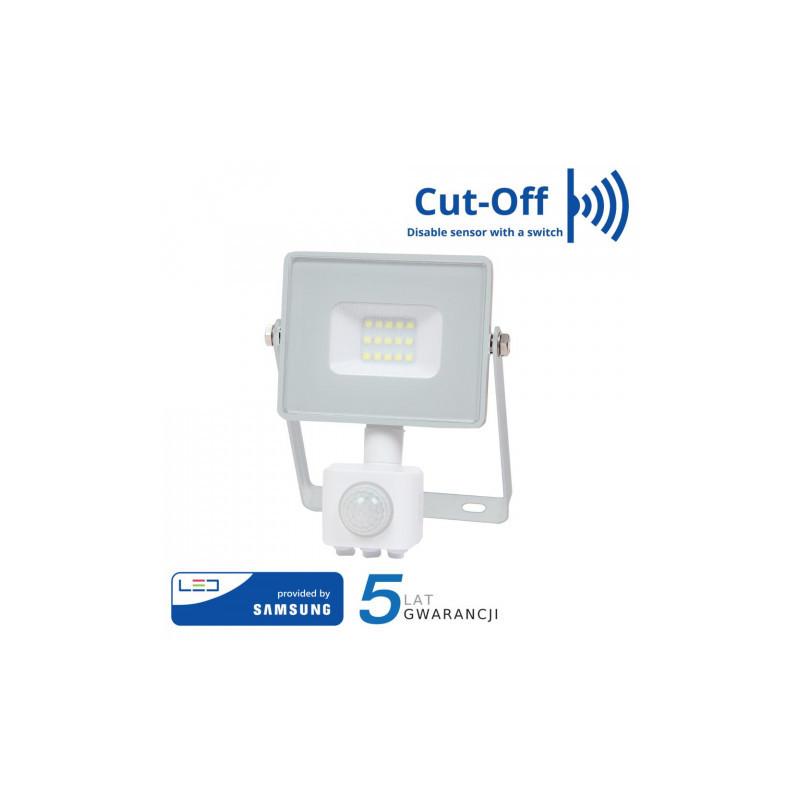 Halogen zewnętrzny LED V-TAC 10W SAMSUNG CHIP Czujnik Ruchu Funkcja Cut-OFF Biały VT-10-S 3000K 800lm 5 Lat Gwarancji
