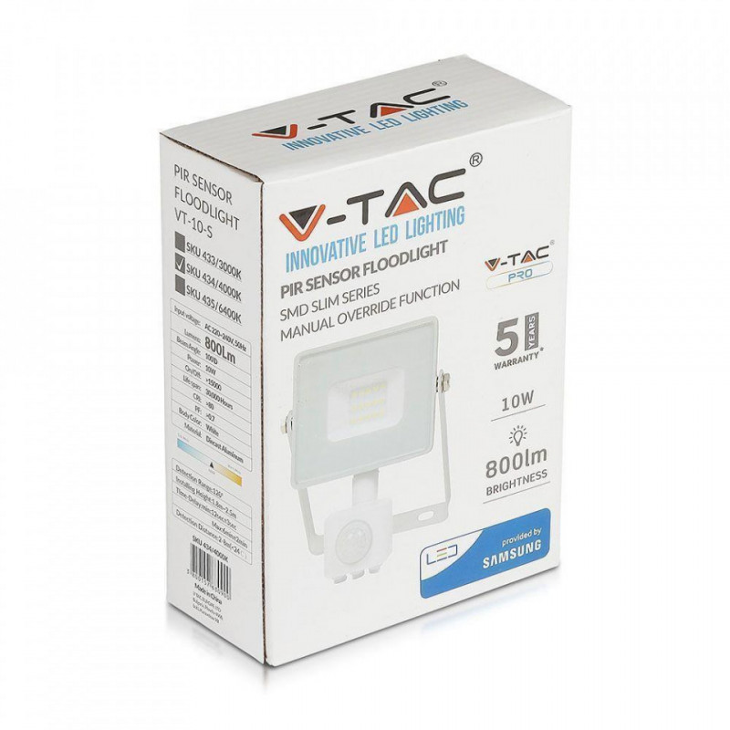 Halogen zewnętrzny LED V-TAC 10W SAMSUNG CHIP Czujnik Ruchu Funkcja Cut-OFF Biały VT-10-S 3000K 800lm 5 Lat Gwarancji