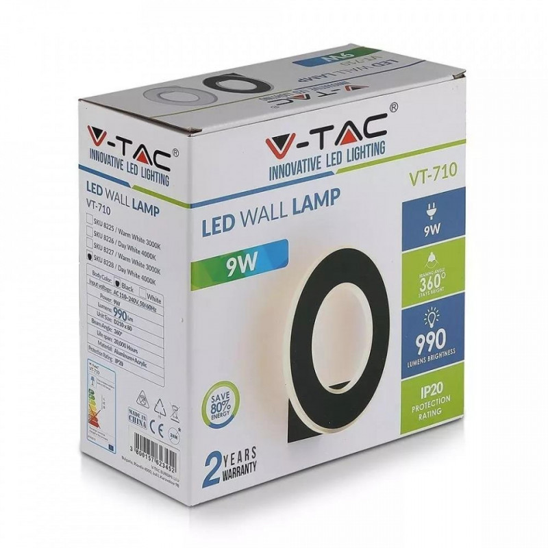 Oprawa Ścienna V-TAC 9W LED Wall Light Czarny VT-710 4000K IP20 990lm