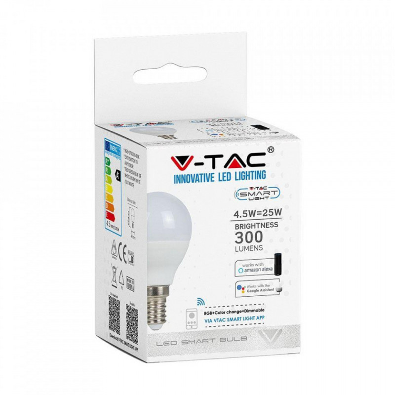 Żarówka LED WiFi V-TAC 4.8W E14 Kulka P45 SMART Amazon Alexa i Google Home VT-5154 RGB+2700K-6400K 450lm