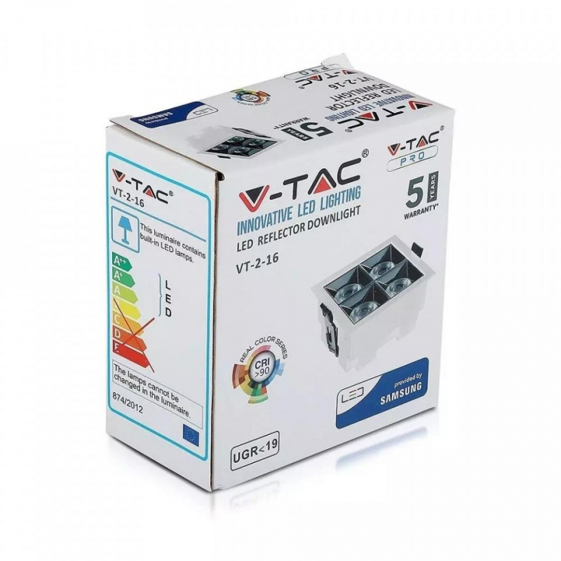 Oprawa V-TAC Downlight SAMSUNG CHIP 16W UGR19 CRI90+ 36st 4000K VT-2-16 1280lm 5 Lat Gwarancji