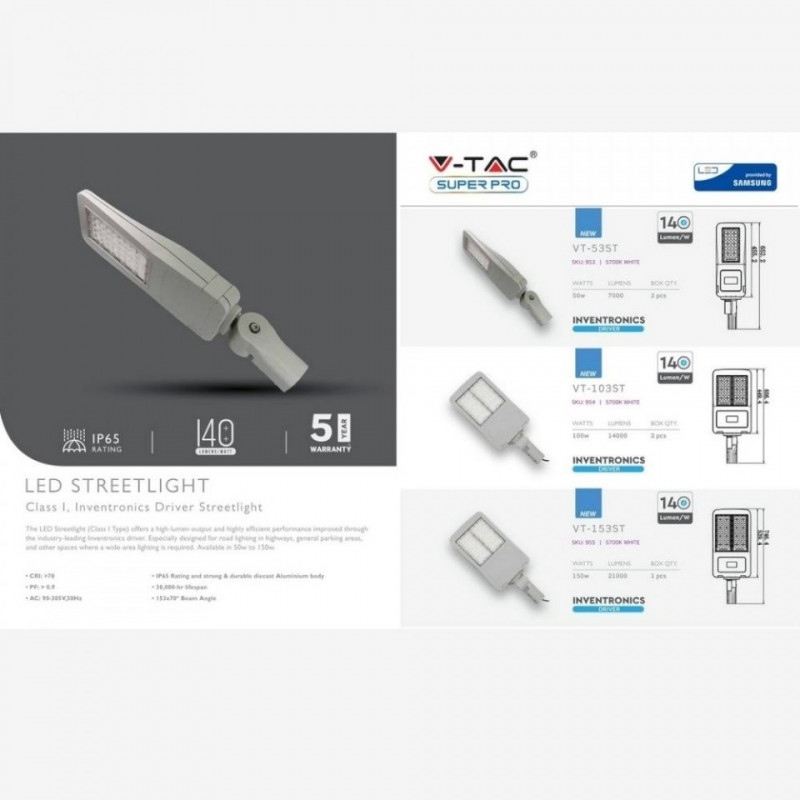 Oprawa Uliczna LED V-TAC SAMSUNG CHIP 100W 5700K Class I DIM 14000lm VT-103ST 5 Lat Gwarancji