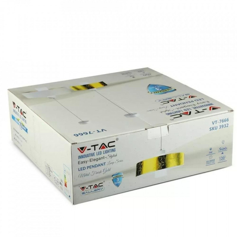 Oprawa Wisząca LED V-TAC 7W (Akryl) Złoty Lamp Klosz 3400x190mm VT-766 4000K 400lm