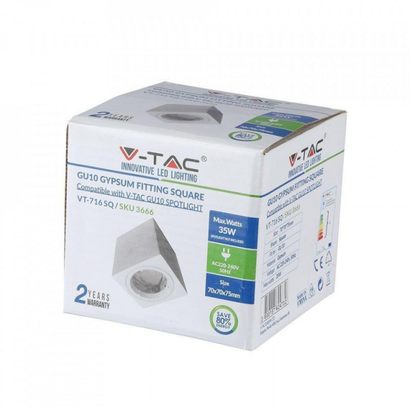 Oprawa V-TAC GIPS GU10 Natynkowa Kwadrat Aluminium Ring Biała 75x75x75mm VT-716