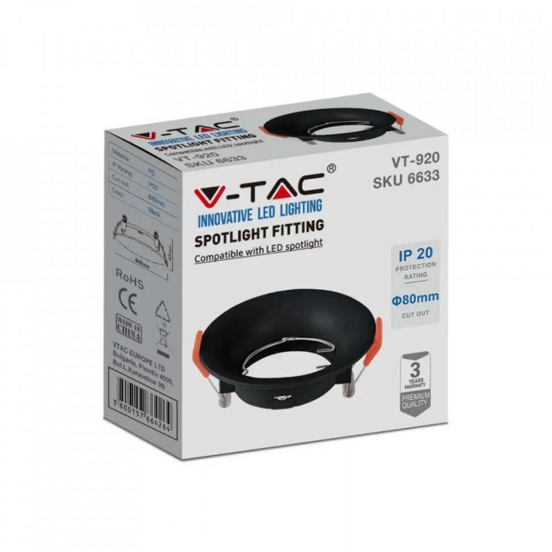 Oczko V-TAC GU10 Wpuszane Okrągłe Czarne VT-920 3 Lata Gwarancji