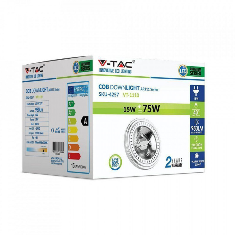 Żarówka LED V-TAC AR111 15W G53 12V 40st COB VT-1110 6000K 950lm