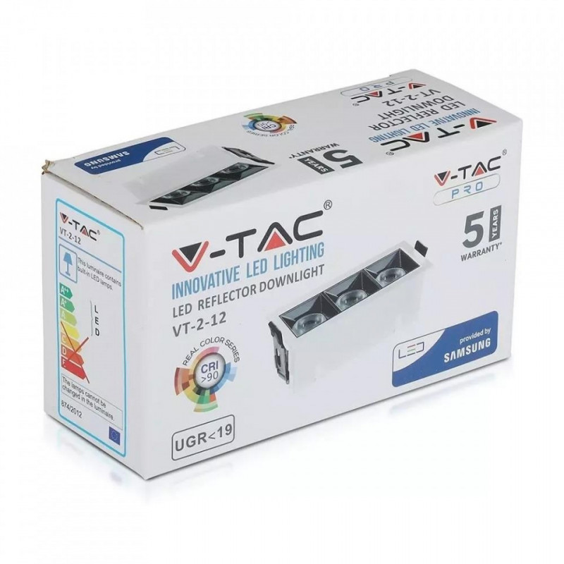 Oprawa V-TAC Downlight SAMSUNG CHIP 12W UGR19 CRI90+ 36st 5700K VT-2-12 960lm 5 Lat Gwarancji