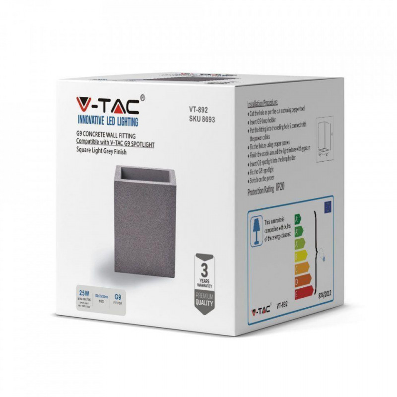 Kinkiet V-TAC BETON G9 LED Kwadrat Jasno Szary IP20 VT-892