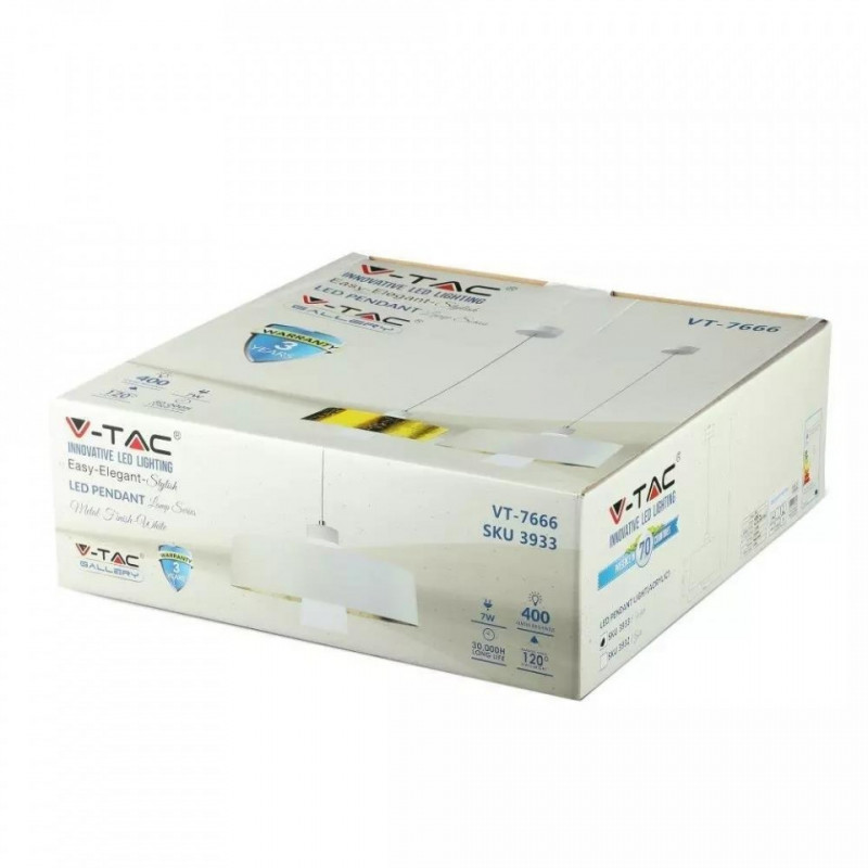 Oprawa Wisząca LED V-TAC 7W (Akryl) Biały Lamp Klosz 340x190mm VT-766 4000K 400lm