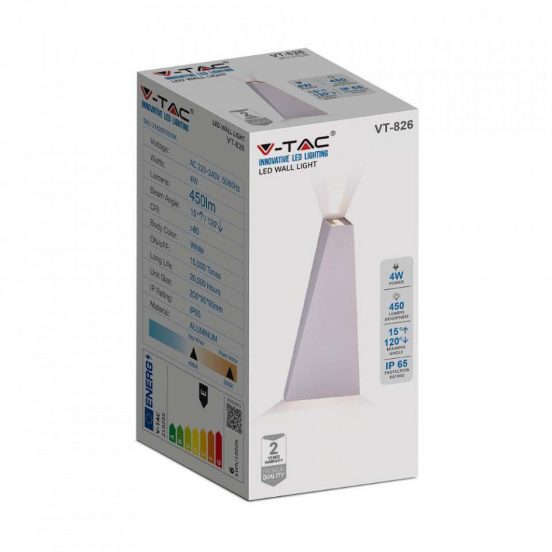 Kinkiet Ścienny V-TAC 6W LED Biały IP65 VT-826 3000K 450lm