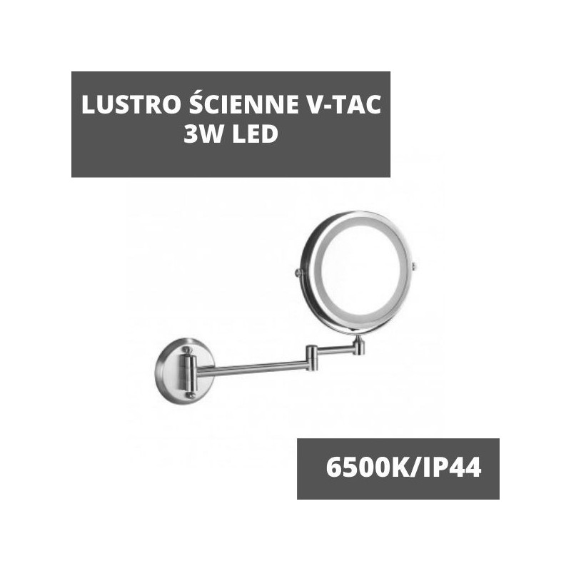 Lustro Ścienne V-TAC 3W LED Łazienka Makijaż 3xAAA Fi.17CM Chrom VT-7571 6400K 30lm