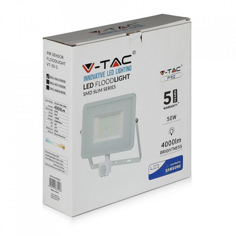 Halogen LED V-TAC 50W SAMSUNG CHIP Czujnik Ruchu Funkcja Cut-OFF Biały VT-50-S 3000K 4000lm 5 Lat Gwarancji