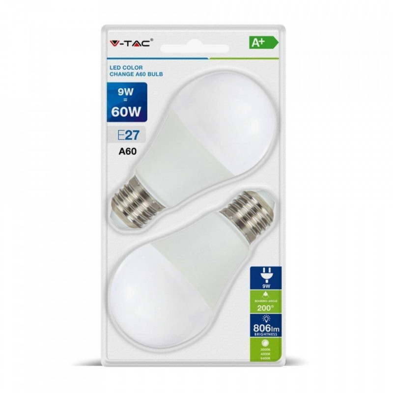 Żarówka LED V-TAC 9W E27 A60 Zmiana Koloru VT-2149 3000/4000/6400K (Blister 2szt) 806lm