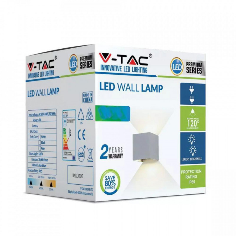 Kinkiet Ścienny V-TAC 12W LED Góra/Dół Regulowany Chip BRIDGELUX VT-759-12 4000K Szary Kwadrat IP65 1100lm