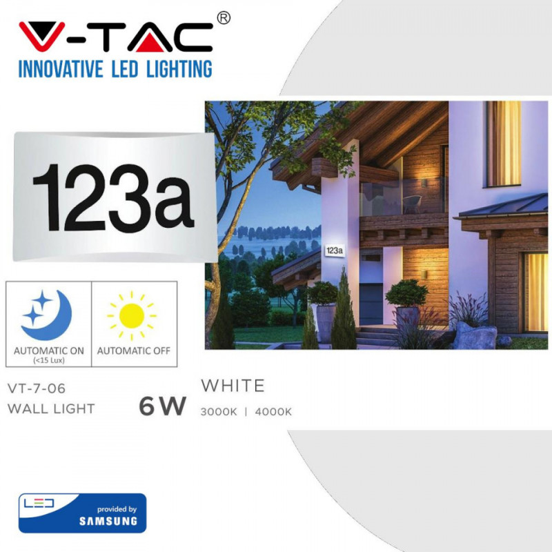 Oprawa Ścienna V-TAC 10W LED Numer Domu SAMSUNG CHIP Biała VT-7-06 3000K 800lm IP54 3 Lata Gwarancji