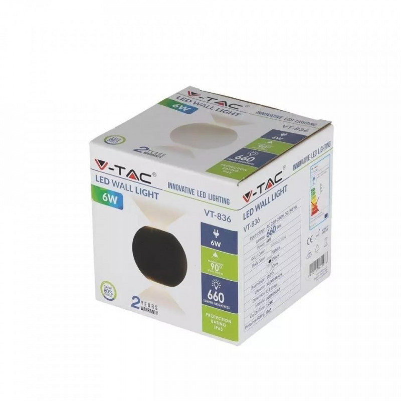 Kinkiet Ścienny V-TAC 6W LED Czarny Okrągły IP65 4000K VT-836