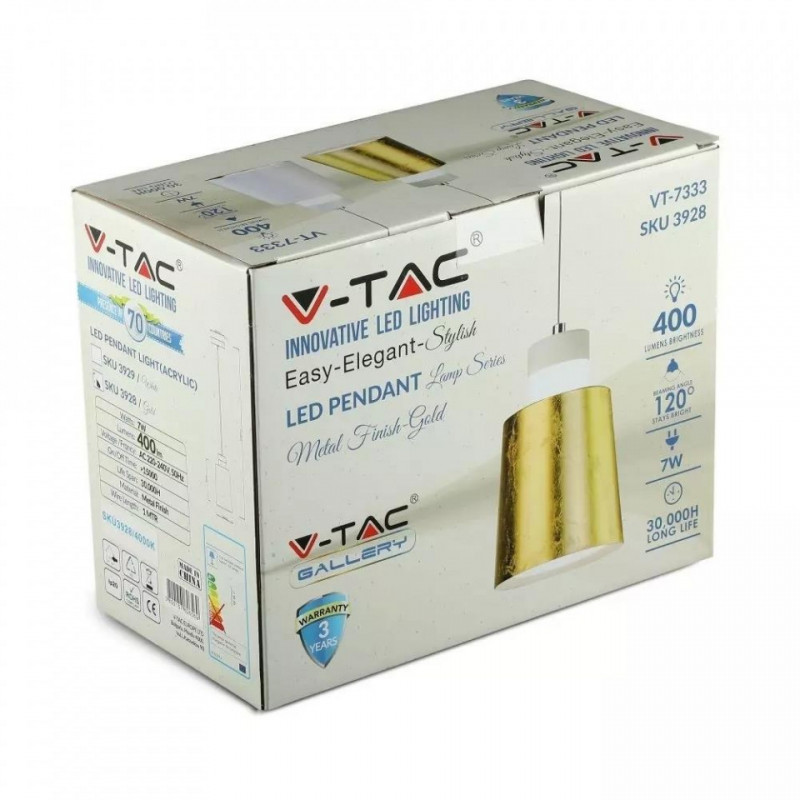 Oprawa Wisząca LED V-TAC 7W (Akryl) Złoty Lamp Klosz 120x190mm VT-7333 4000K 400lm