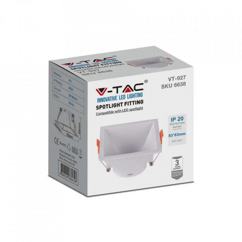 Oczko V-TAC GU10 Wpuszane Głębokie Kwadrat Białe VT-927 3 Lata Gwarancji