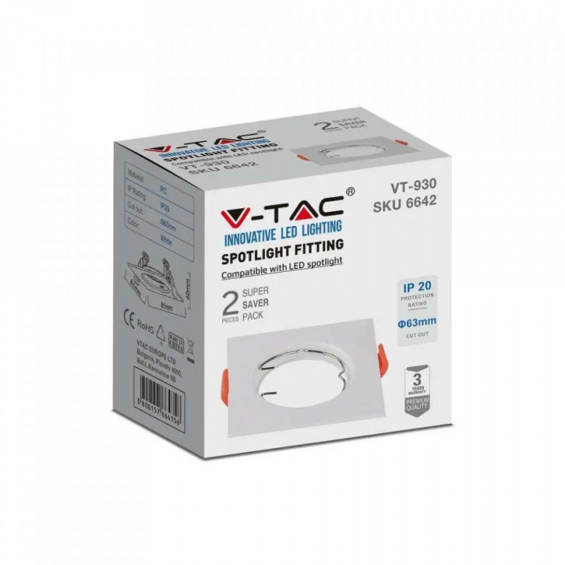 Oczko V-TAC GU10 Wpuszane Kwadrat Białe (Opak. 2 szt) VT-930 3 Lata Gwarancji