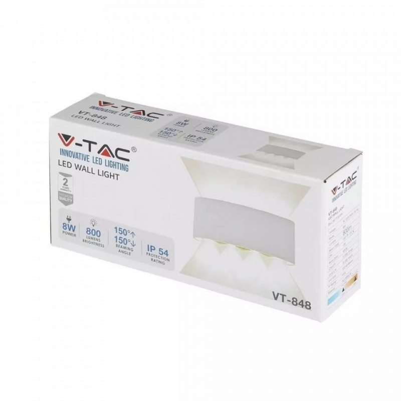 Oprawa Ścienna Góra/Dół V-TAC 8W LED Biała IP54 3000K 800lm VT-848