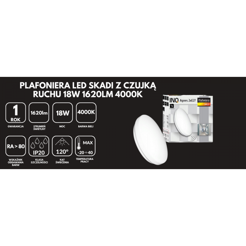 Plafoniera LED SKADI z czujką ruchu 18W 1620lm 4000K
