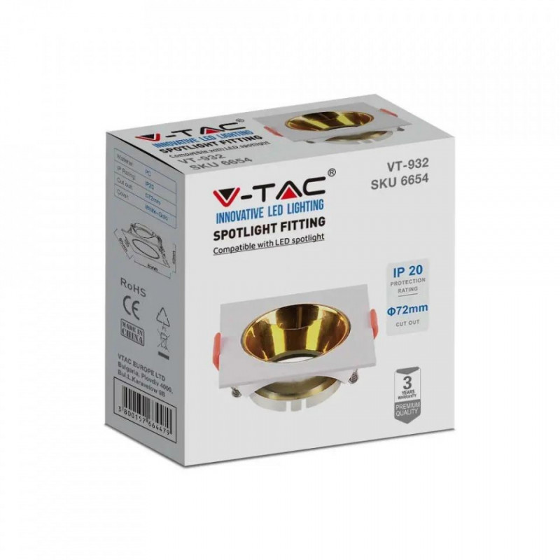 Oczko V-TAC GU10 Wpuszane Kwadrat Białe/Złote VT-932 3 Lata Gwarancji
