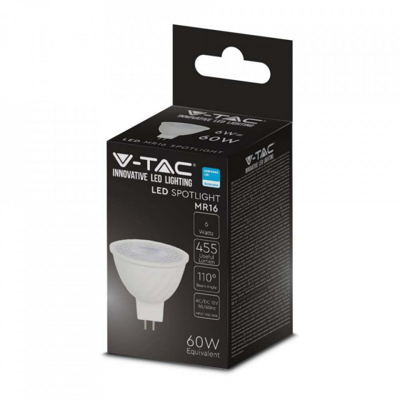 Żarówka LED V-TAC SAMSUNG CHIP 6W GU5.3 MR16 12V 110st VT-257 6500K 445lm 5 Lat Gwarancji