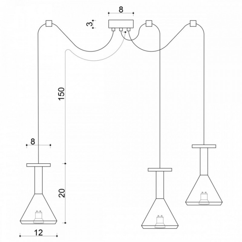 Drewniana lampa sufitowa Loft Cono 3 GU10 lampa wisząca typu pająk KOLOROWE KABLE