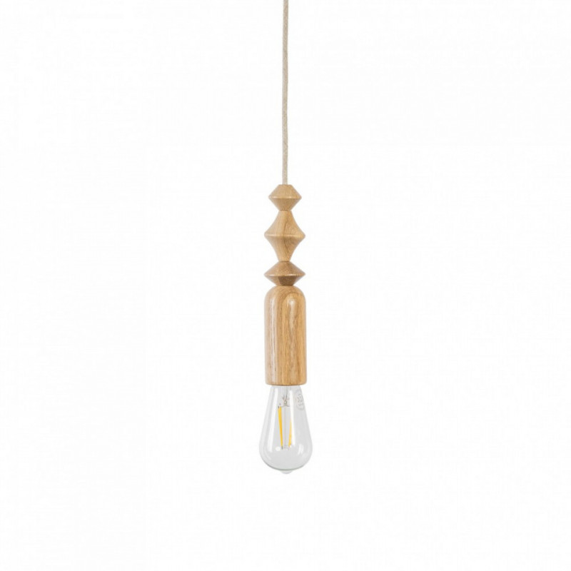 Lampa wisząca z dębowymi koralikami Loft Tammi biała maskownica i przewód w lnianym oplocie KOLOROWE KABLE
